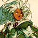 X-Men character Storm stands ready for battle with a shock of white hair and colorless eyes.
